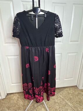 SHEIN Black Dress with Pink Rose Print 3X